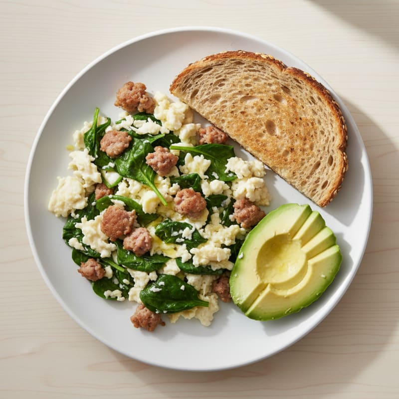 Egg White Spinach Scramble with Turkey Sausage