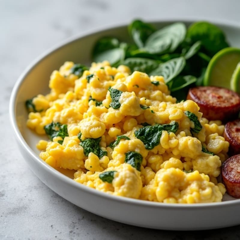 Egg White Scramble with Turkey Sausage and Sautéed Spinach