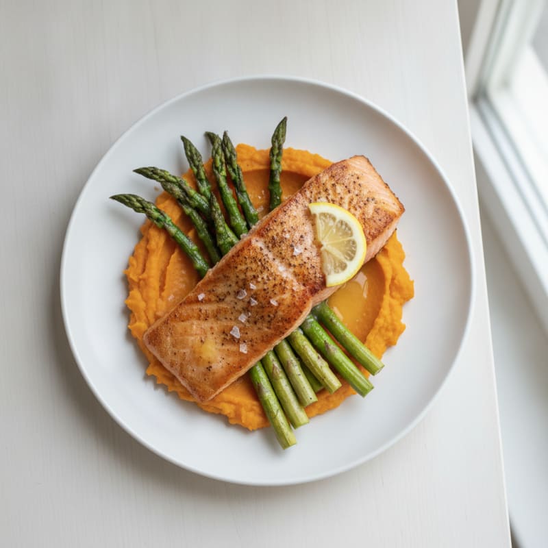Seared Salmon Fillet with Roasted Asparagus and Sweet Potato Mash