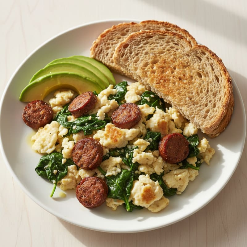 Egg White Scramble with Turkey Sausage and Sautéed Spinach