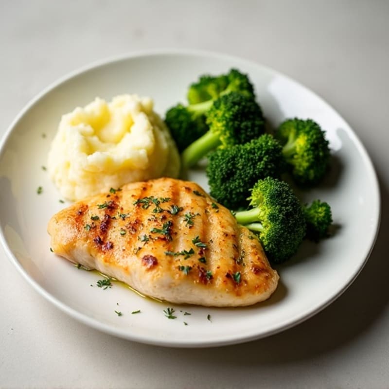 Garlic Butter Pan-Seared Chicken with Creamy Mashed Potatoes and Roasted Broccoli