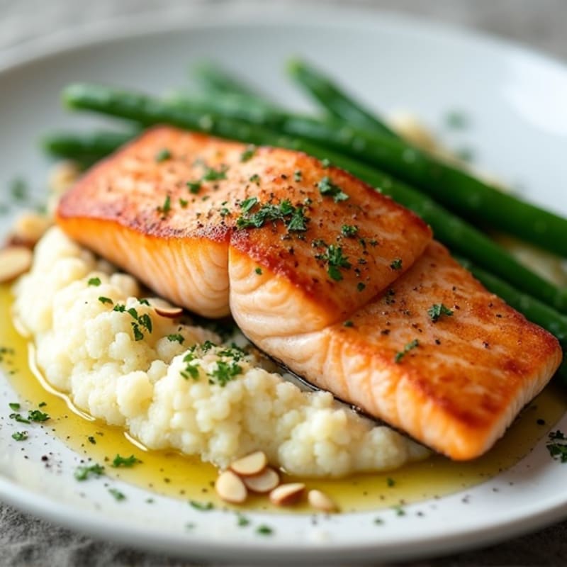 Seared Salmon with Garlic Green Beans and Cauliflower Mash