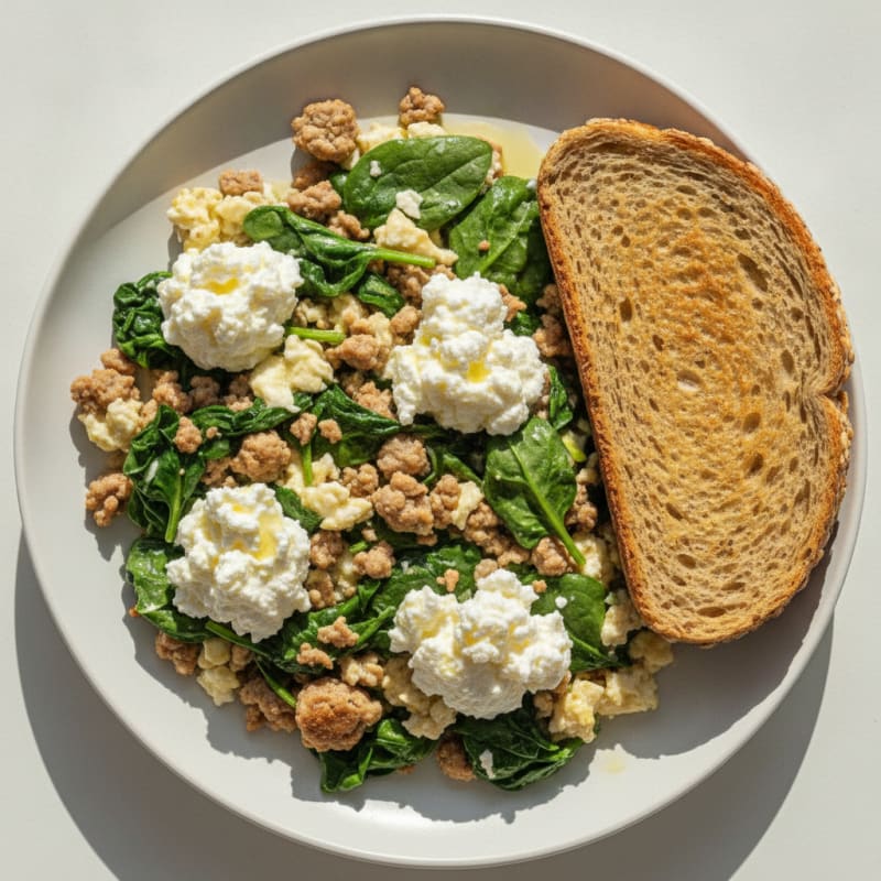 Egg White and Turkey Spinach Scramble with Cottage Cheese