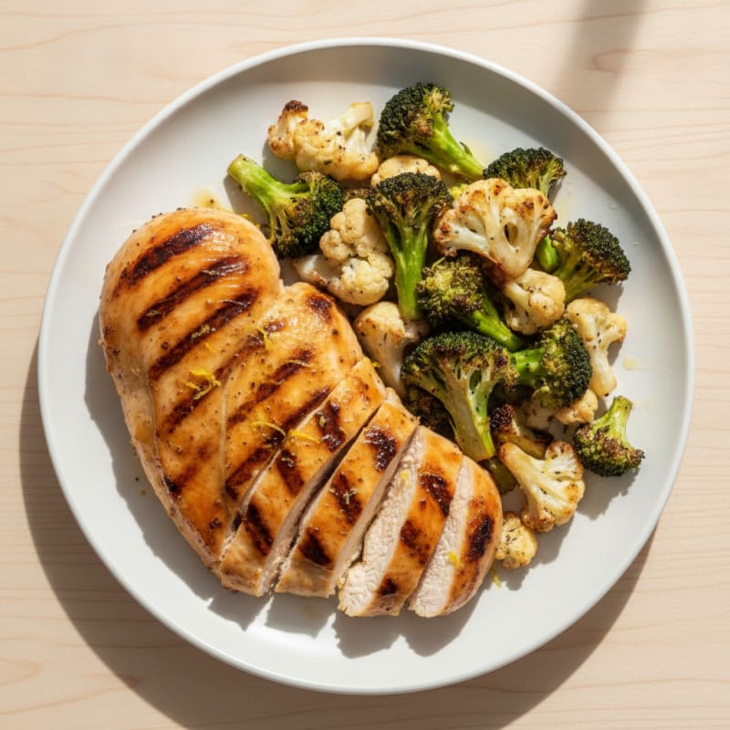 Grilled Chicken Breast with Roasted Broccoli and Cauliflower
