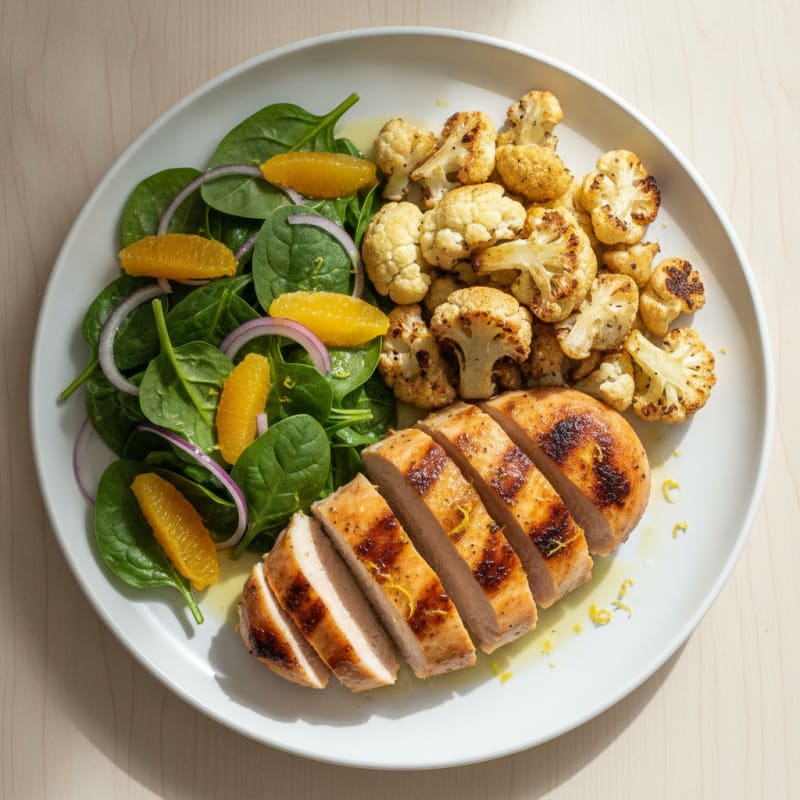 Grilled Chicken Breast with Roasted Cauliflower and Spinach Salad