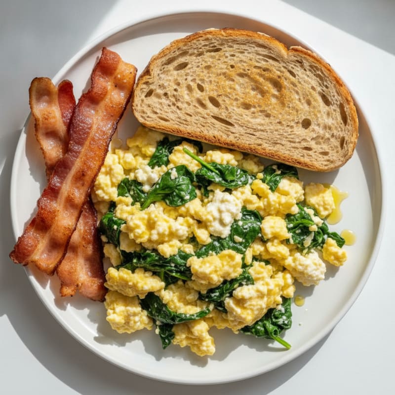 Cottage Cheese Scramble with Spinach and Turkey Bacon