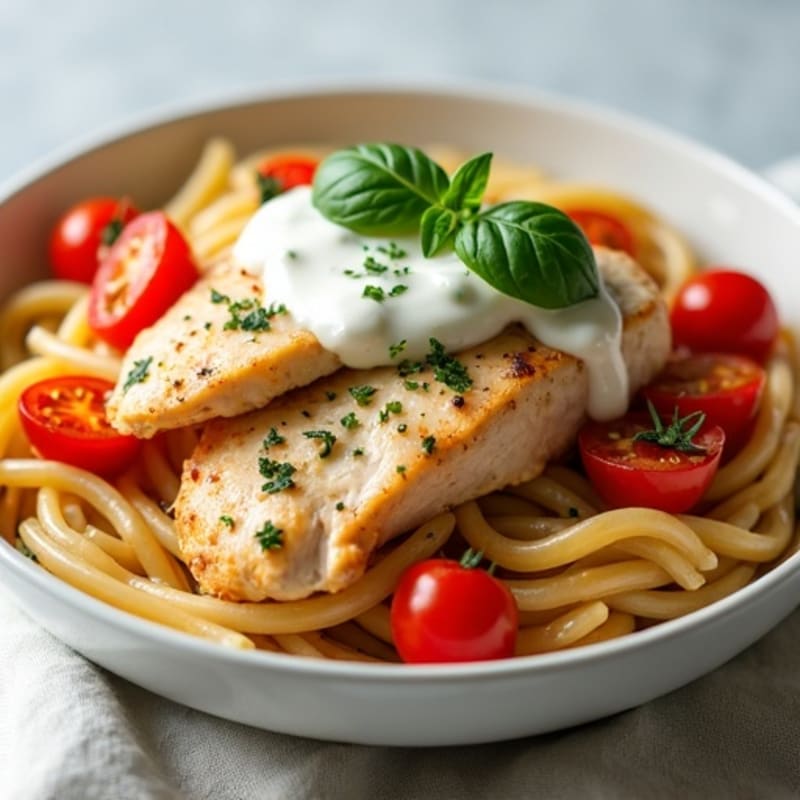 Creamy Greek Yogurt Chicken Pasta with Roasted Tomatoes
