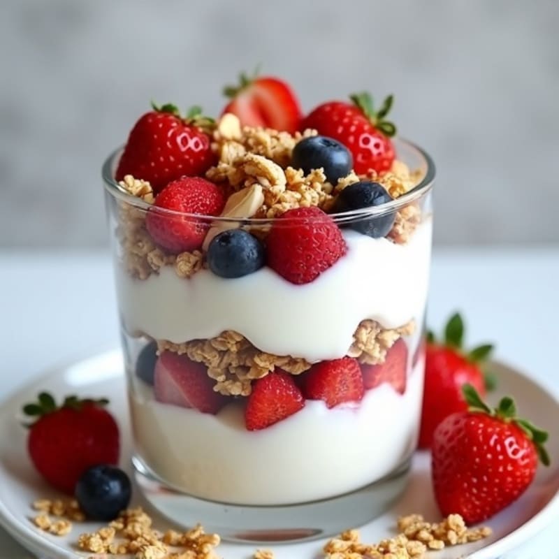 Greek Yogurt Parfait with Crispy Almond Granola and Mixed Berries