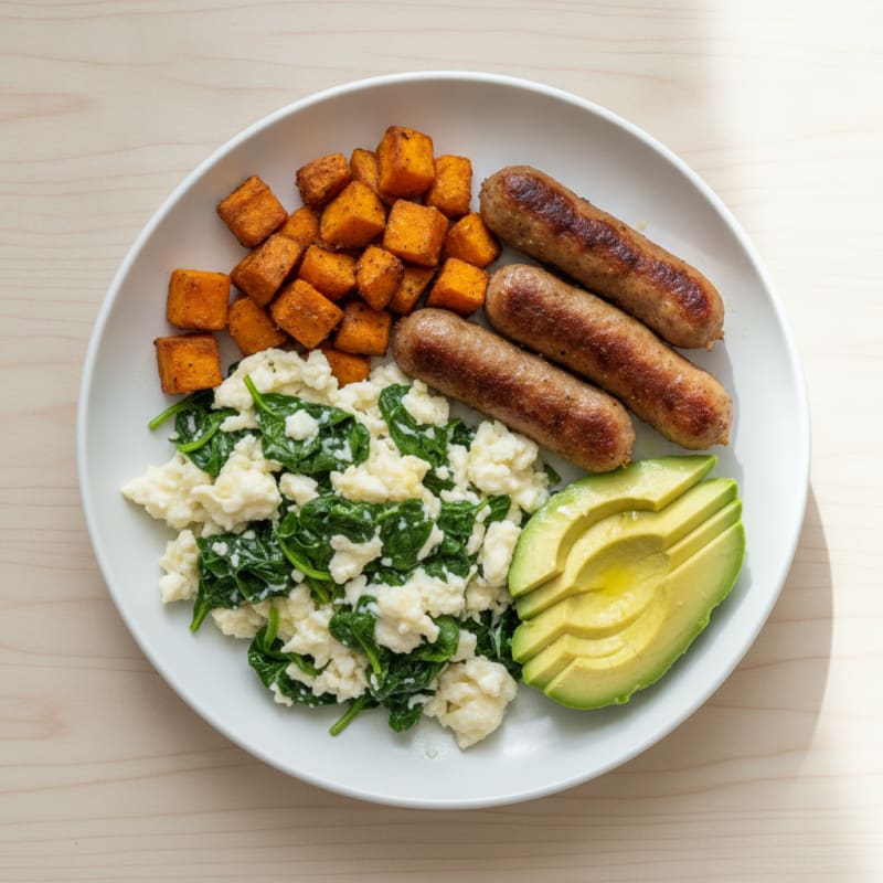 Egg White Spinach Scramble with Turkey Sausage