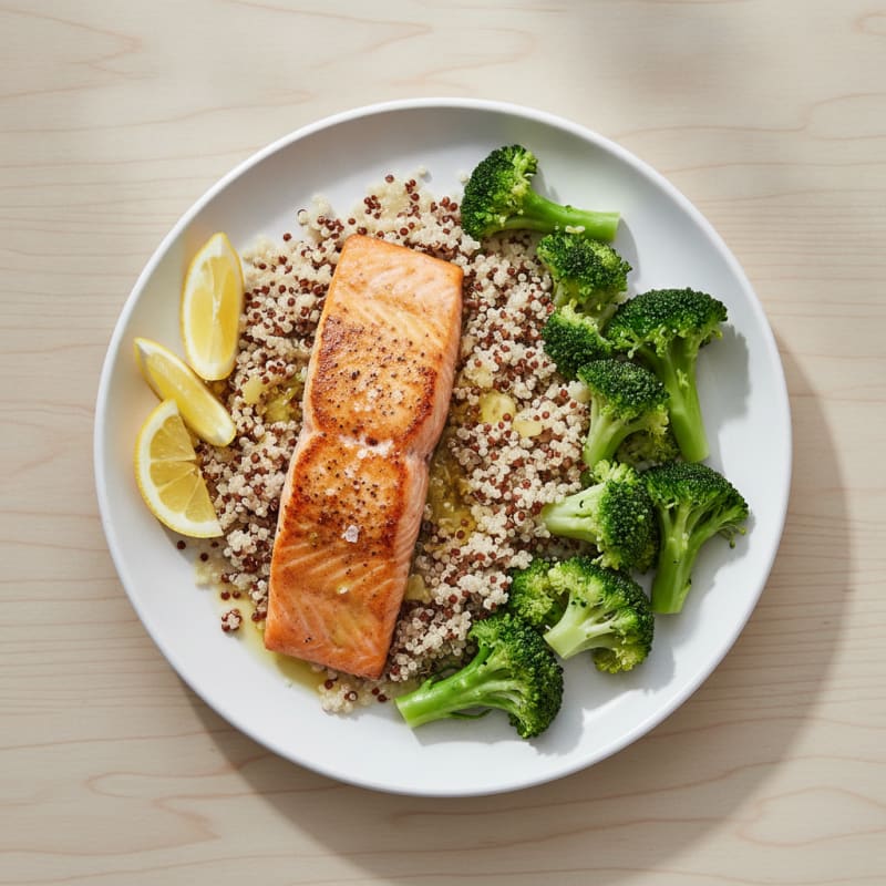 Seared Salmon Fillet with Steamed Broccoli and Quinoa