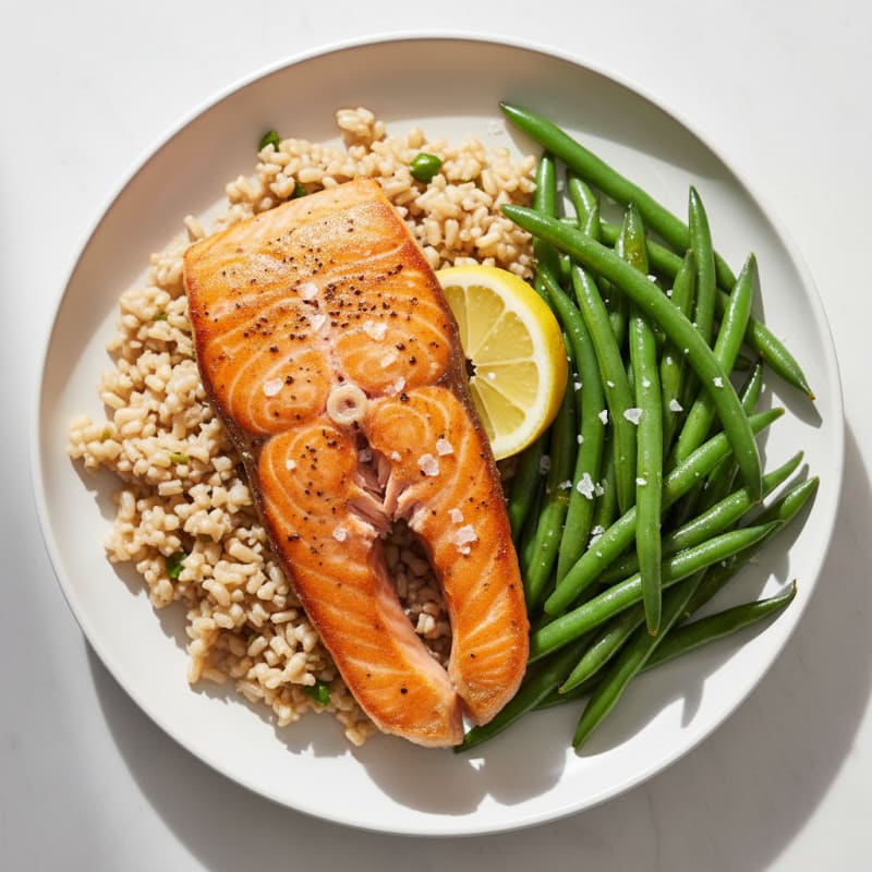 Seared Salmon with Steamed Green Beans and Brown Rice