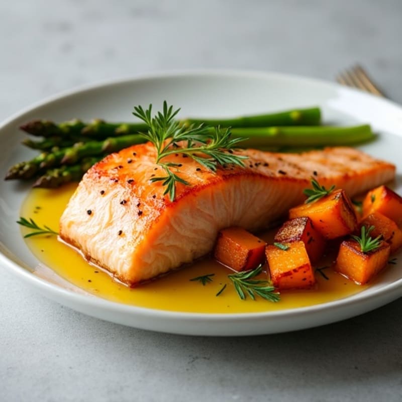 Seared Salmon with Roasted Sweet Potato and Asparagus