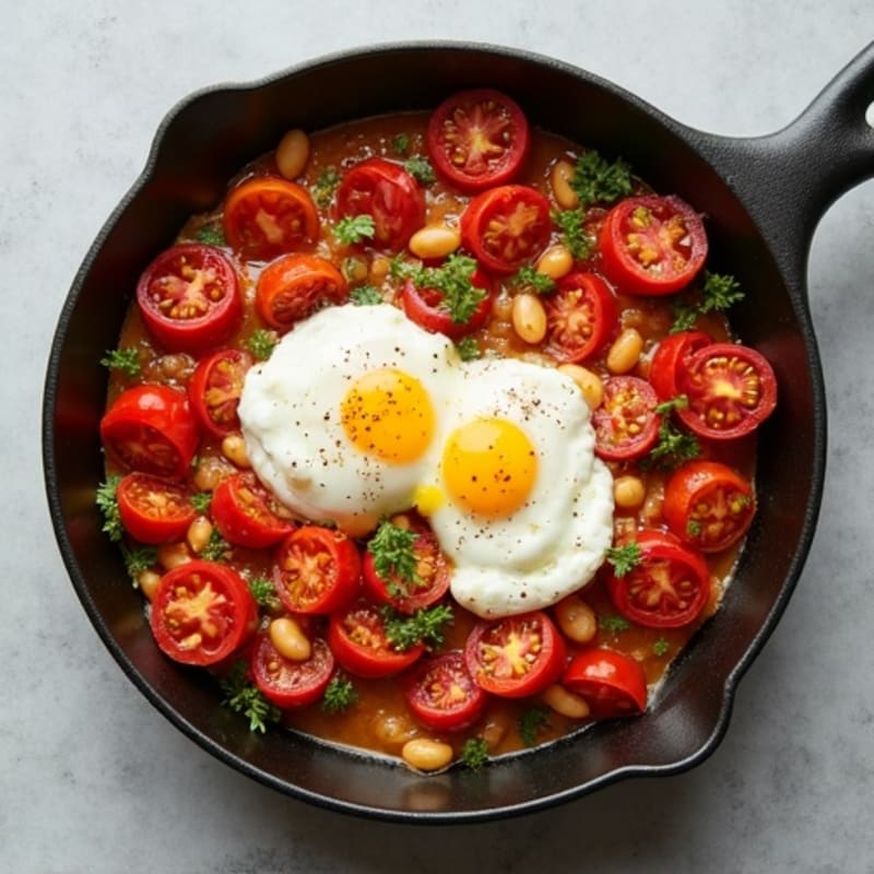 Spiced Tomato and Bell Pepper Skillet with Poached Eggs