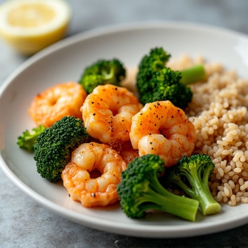 Crispy Lemon Garlic Shrimp with Roasted Broccoli and Brown Rice
