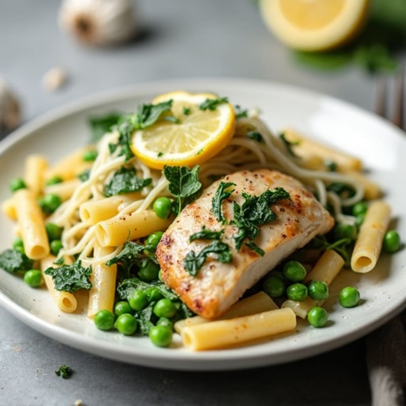 Creamy Pea and Spinach Pasta with Lemon-Herb Chicken