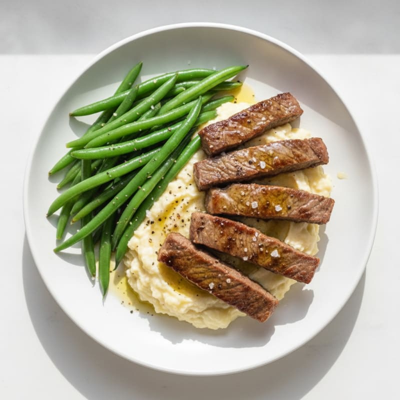 Seared Lean Beef Strips with Steamed Green Beans and Cauliflower Mash