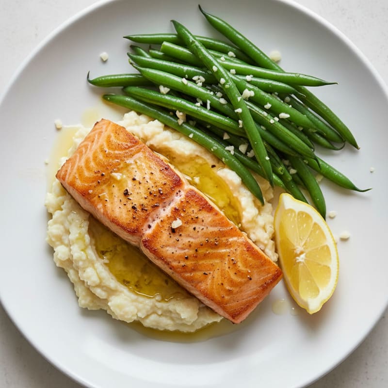 Seared Salmon with Steamed Green Beans and Garlic Cauliflower Mash