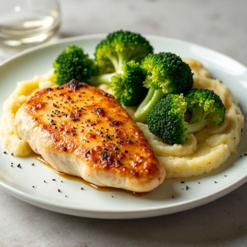 Oven-Baked Chicken Breast with Roasted Broccoli and Garlic Mashed Potatoes