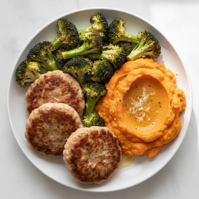 Seared Turkey Patties with Roasted Broccoli and Sweet Potato Mash