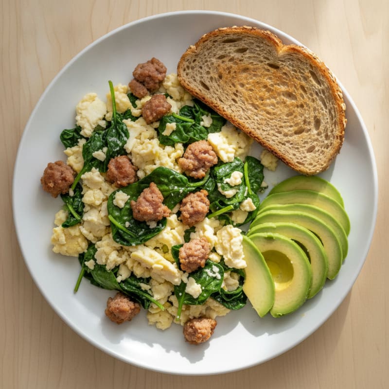 Egg White Scramble with Turkey Sausage and Sautéed Spinach