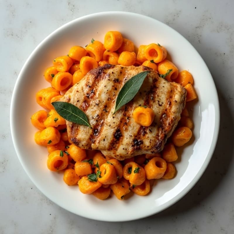 Herb-Roasted Sweet Potato Gnocchi with Sage Brown Butter and Grilled Chicken
