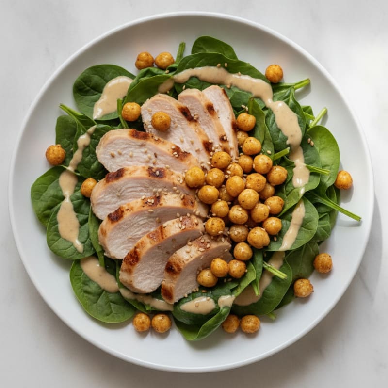 Grilled Turkey and Spinach Salad with Crispy Chickpeas and Lemon-Tahini Dressing