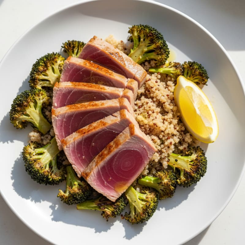 Tuna Steak with Roasted Broccoli and Quinoa