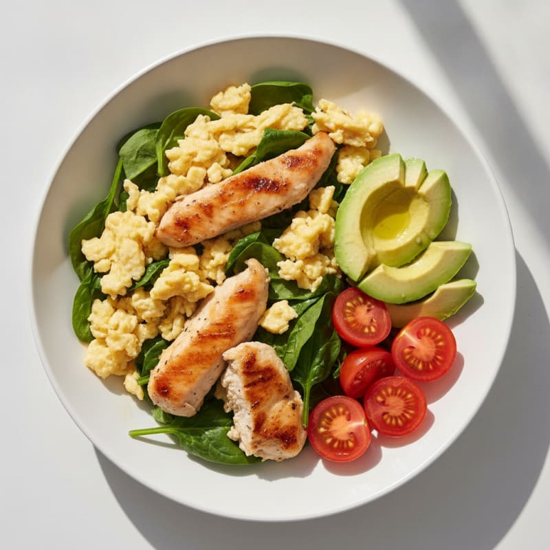 Scrambled Eggs with Sautéed Spinach and Grilled Chicken Breast