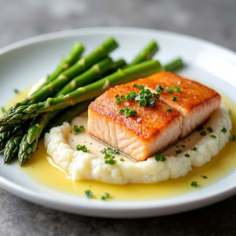 Seared Salmon with Steamed Asparagus and Cauliflower Mash