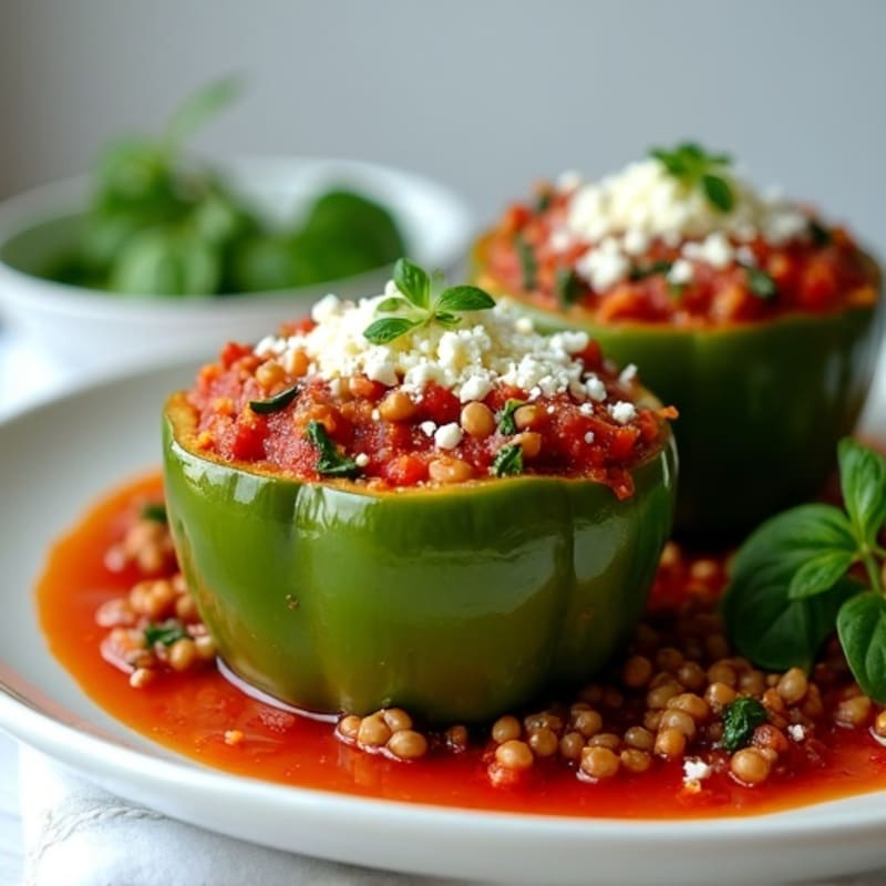 Lentil and Spinach Stuffed Bell Peppers with Tomato Sauce