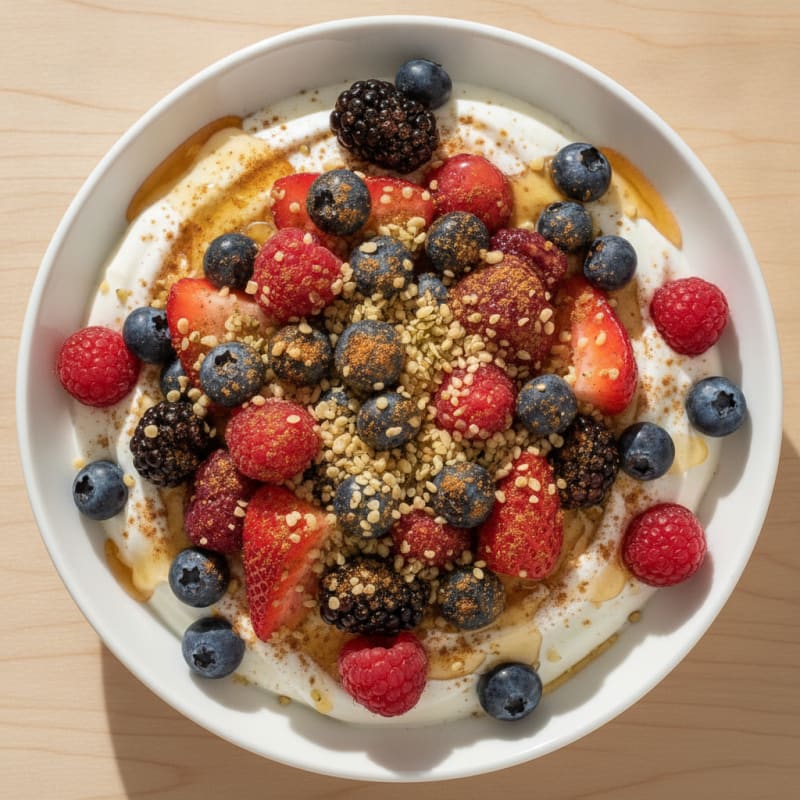 Silky Greek Yogurt Bowl with Mixed Berries and Toasted Hemp Seeds