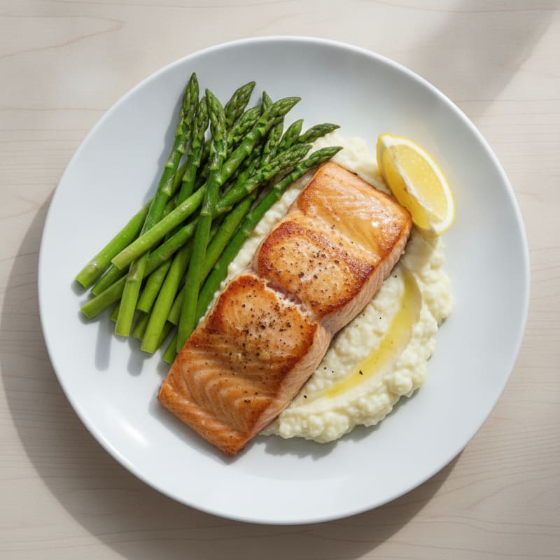 Seared Salmon Filet with Steamed Asparagus and Garlic Mashed Cauliflower
