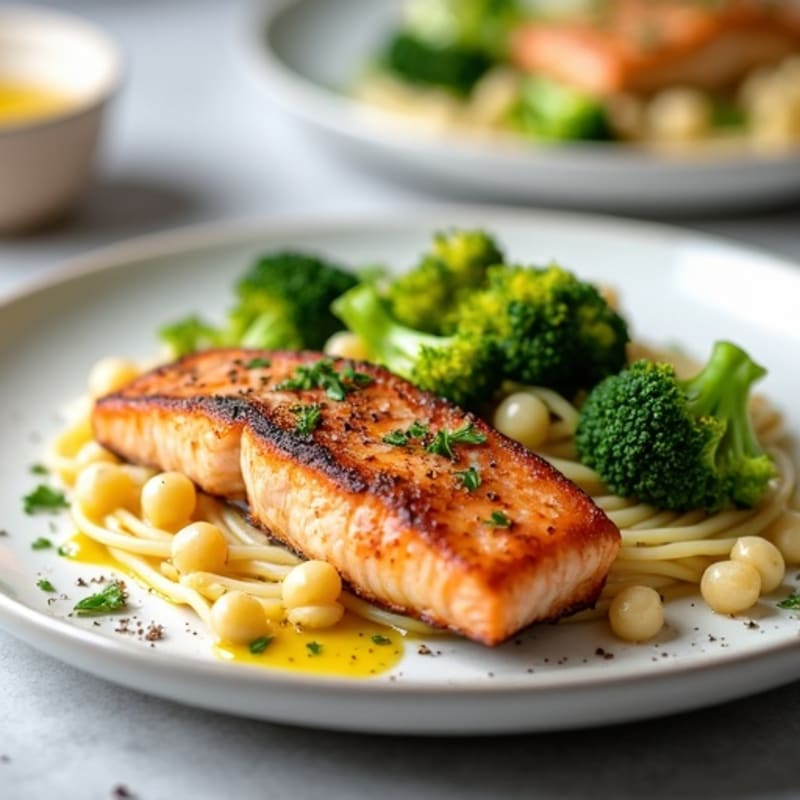 Seared Salmon with Garlic Broccoli and Chickpea Pasta