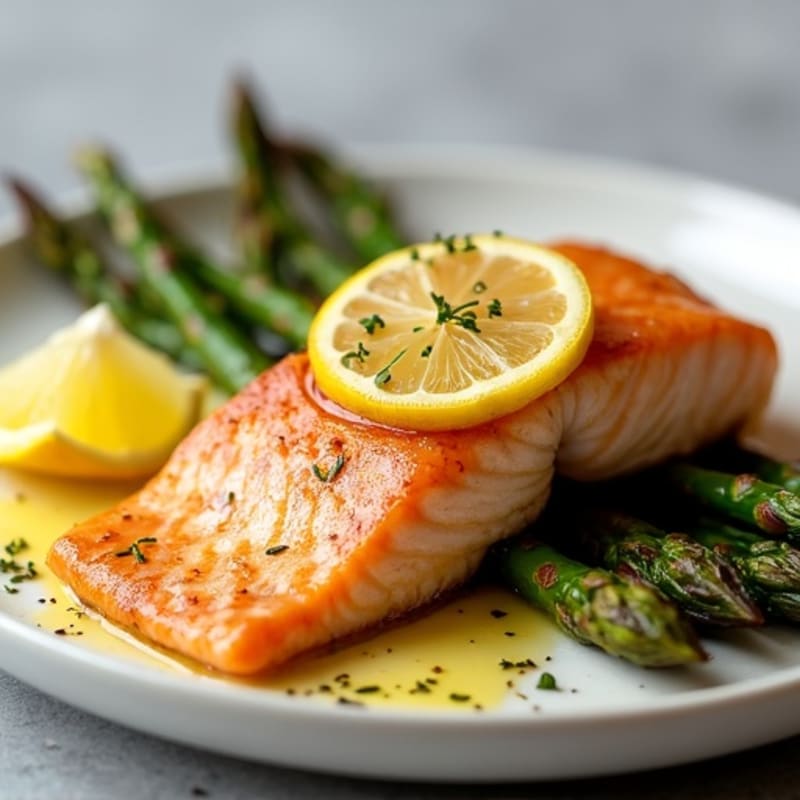Flaky Saffron Lemon Roasted Salmon with Roasted Asparagus