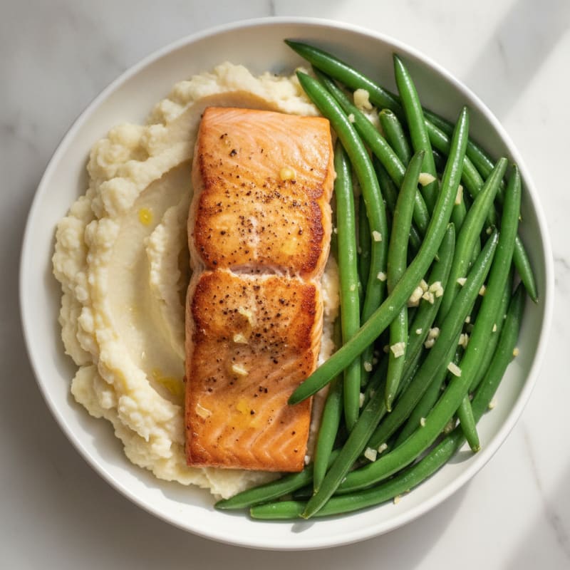 Seared Salmon with Steamed Green Beans and Cauliflower Mash