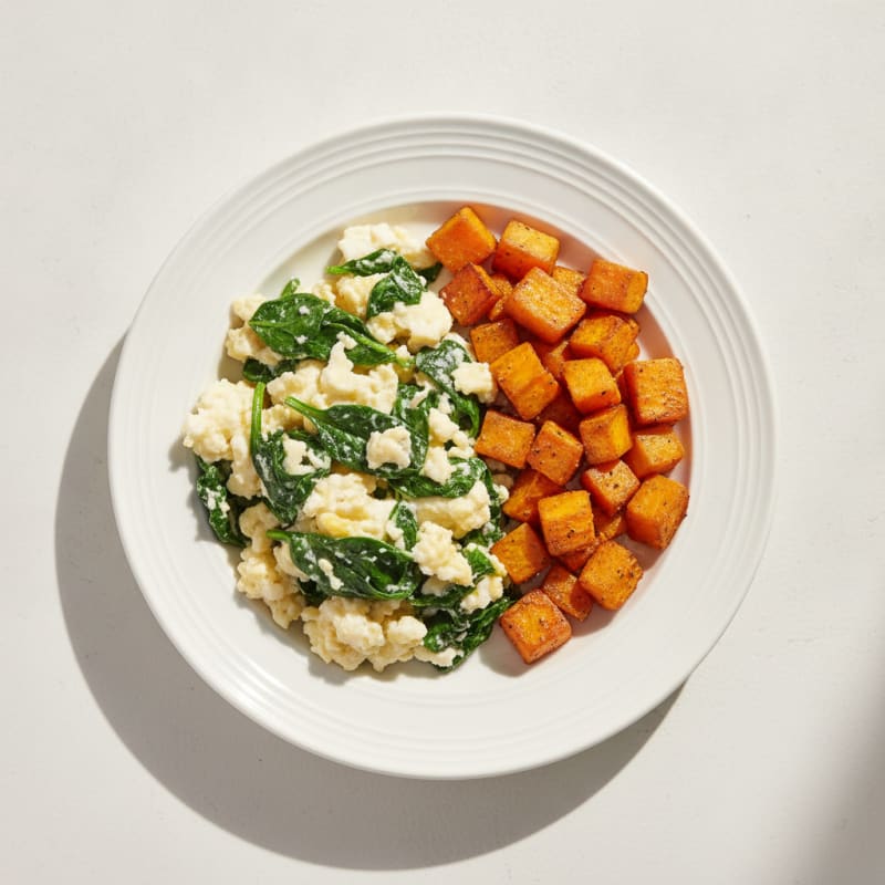 Egg White and Spinach Scramble with Roasted Sweet Potato Cubes