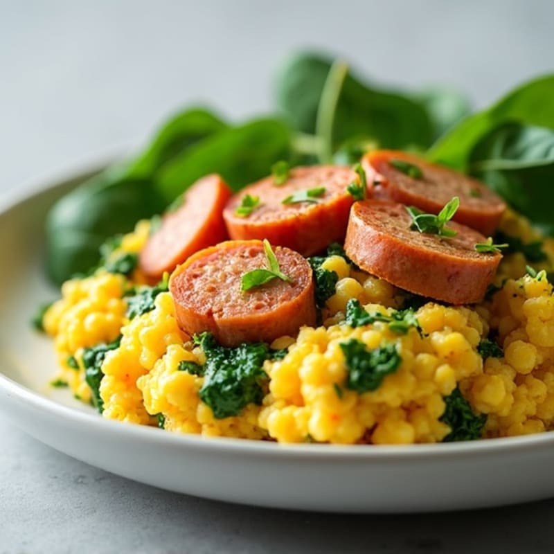 Fluffy Scrambled Eggs with Fresh Spinach and Lean Turkey Sausage