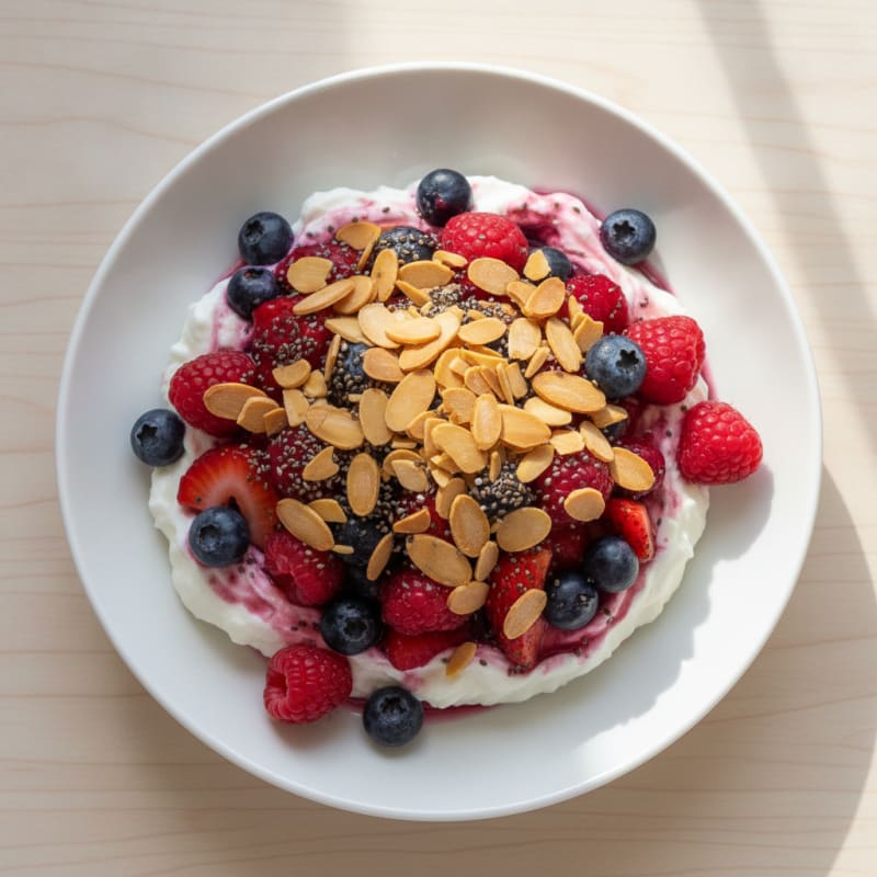 Greek Yogurt Protein Parfait with Mixed Berries and Almonds