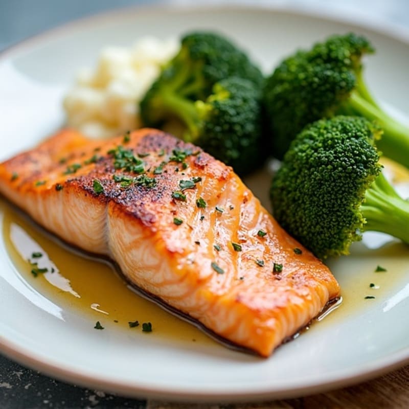 Seared Salmon with Roasted Broccoli and Garlic Mashed Cauliflower
