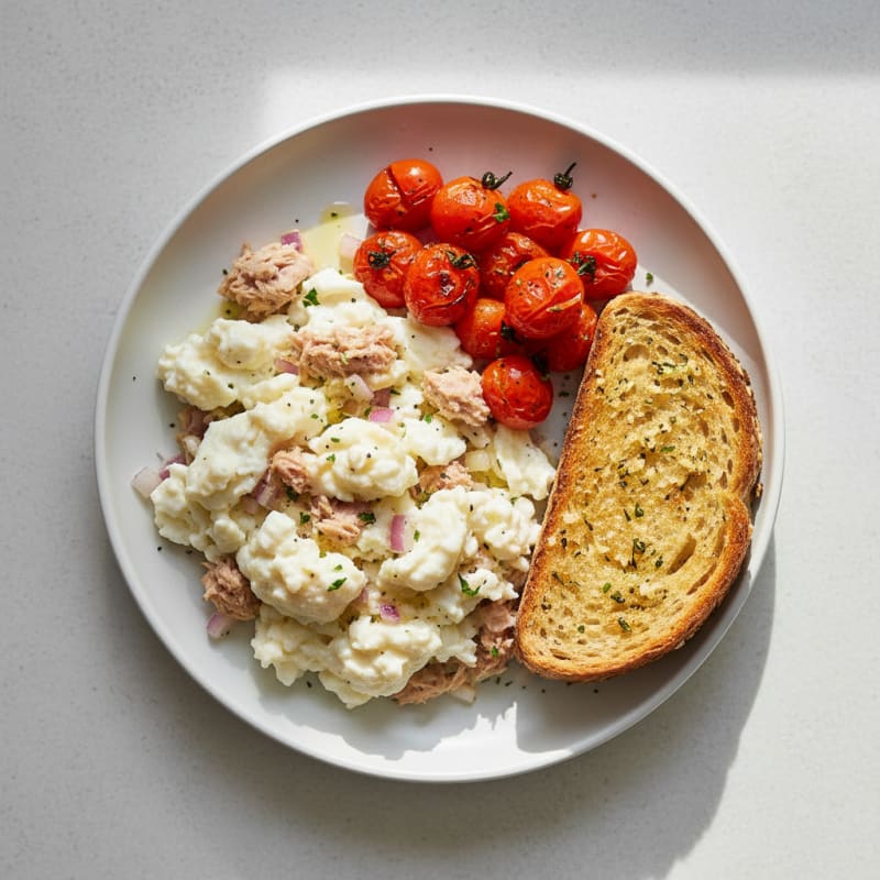 Egg White and Tuna Scramble with Roasted Tomatoes and Garlic Toast