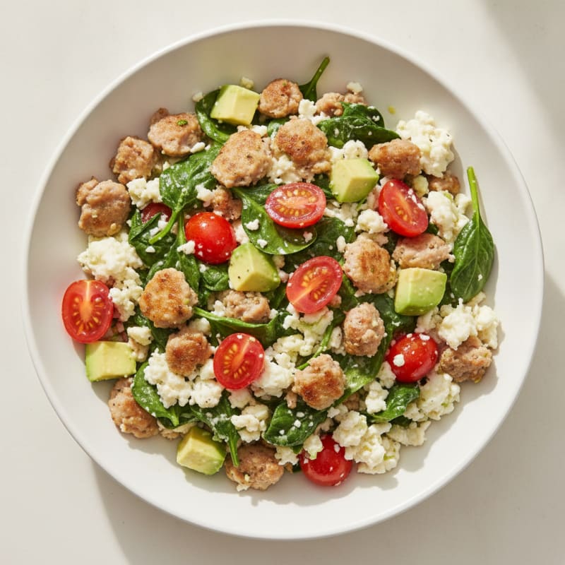 Egg White and Turkey Sausage Scramble with Spinach and Cherry Tomatoes