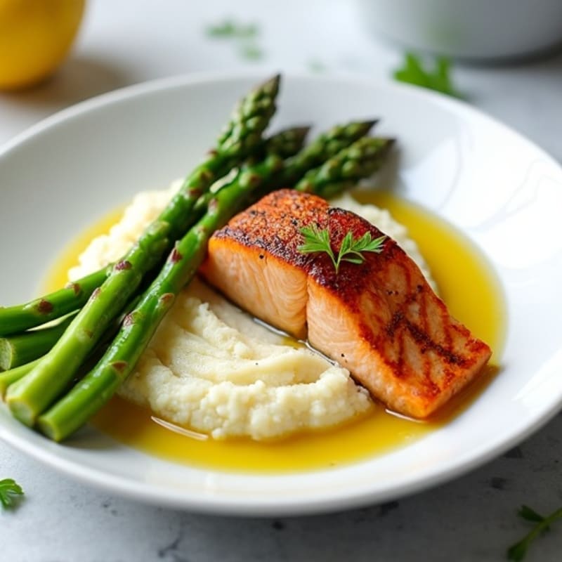 Seared Salmon with Steamed Asparagus and Cauliflower Mash