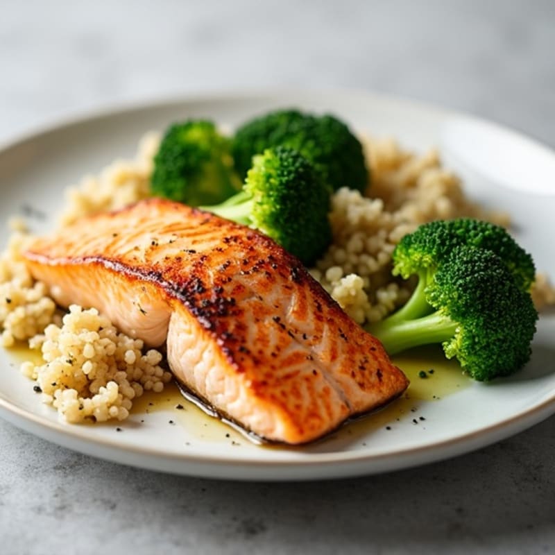 Seared Salmon with Steamed Broccoli and Quinoa