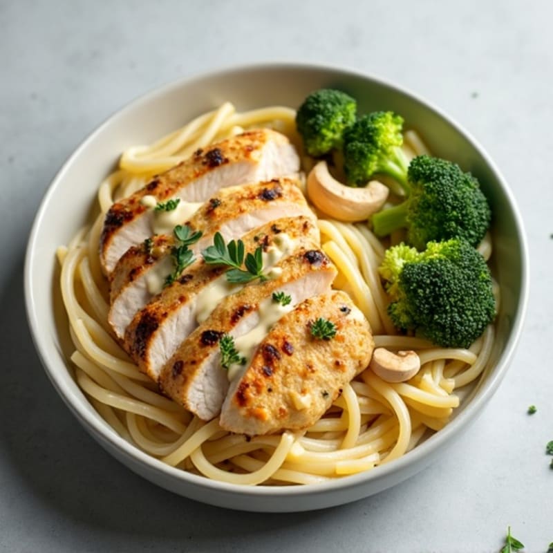 Creamy Cashew Alfredo Pasta with Chicken and Roasted Broccoli