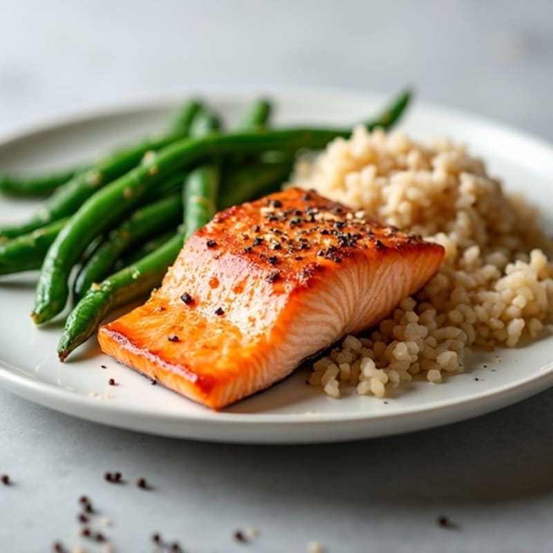 Seared Salmon Fillet with Steamed Green Beans and Brown Rice