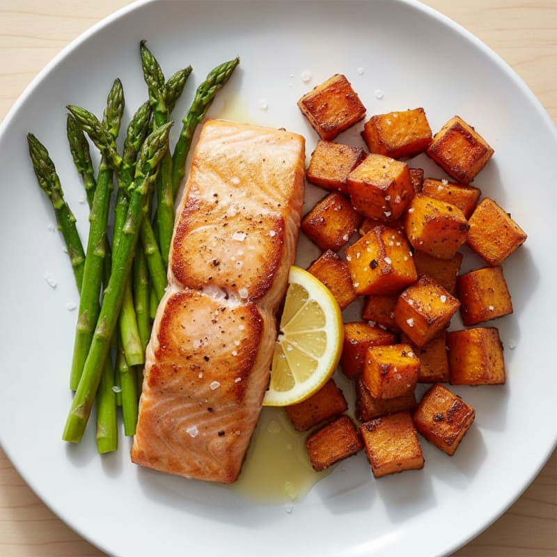 Pan-Seared Salmon with Roasted Sweet Potato and Asparagus