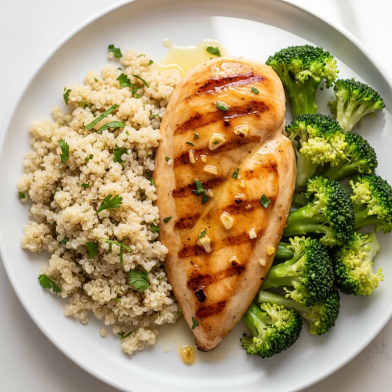 Grilled Lemon-Garlic Chicken Breast with Quinoa and Steamed Broccoli