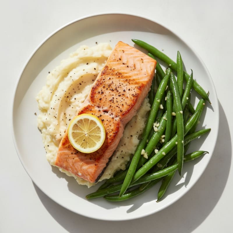 Seared Salmon with Garlic Green Beans and Cauliflower Mash