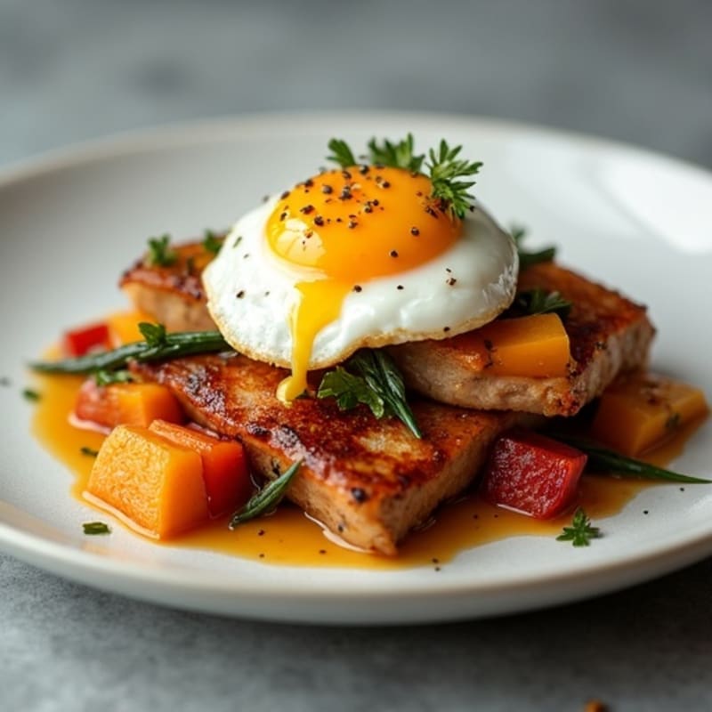 Tender Slow-Braised Pork Belly with Crispy Roasted Root Vegetables