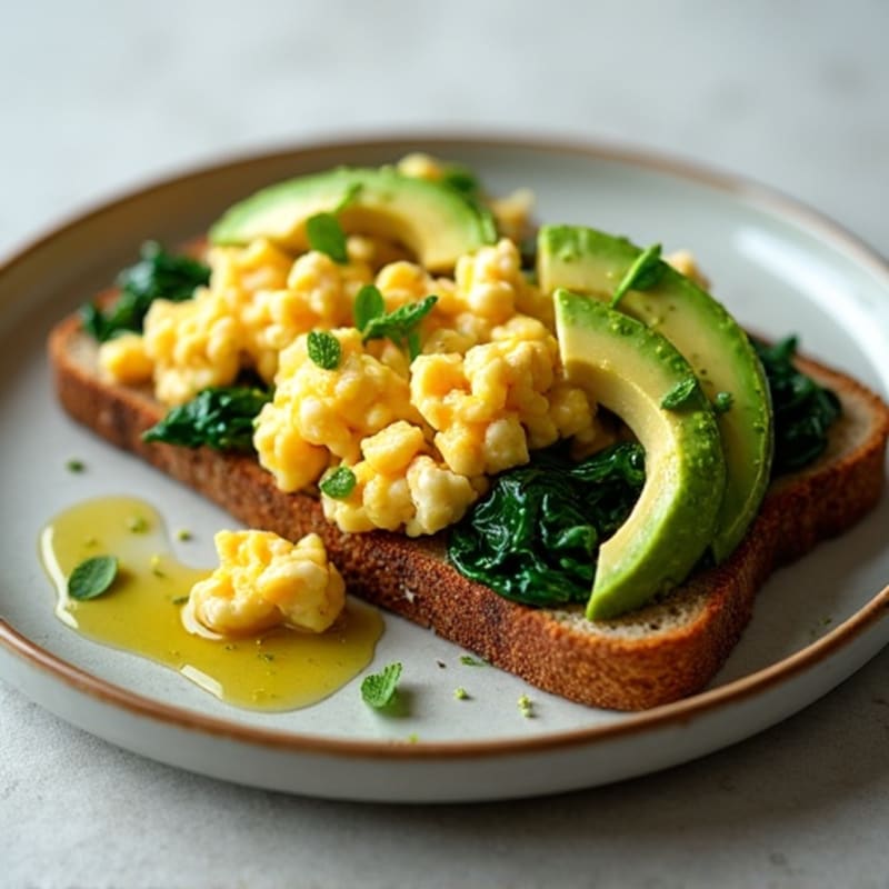 Egg White and Turkey Sausage Scramble with Sautéed Spinach and Avocado Toast